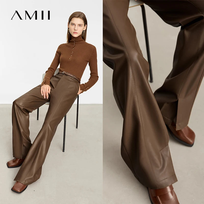 PU Leather Straight Pants - Floor Length Slit Design