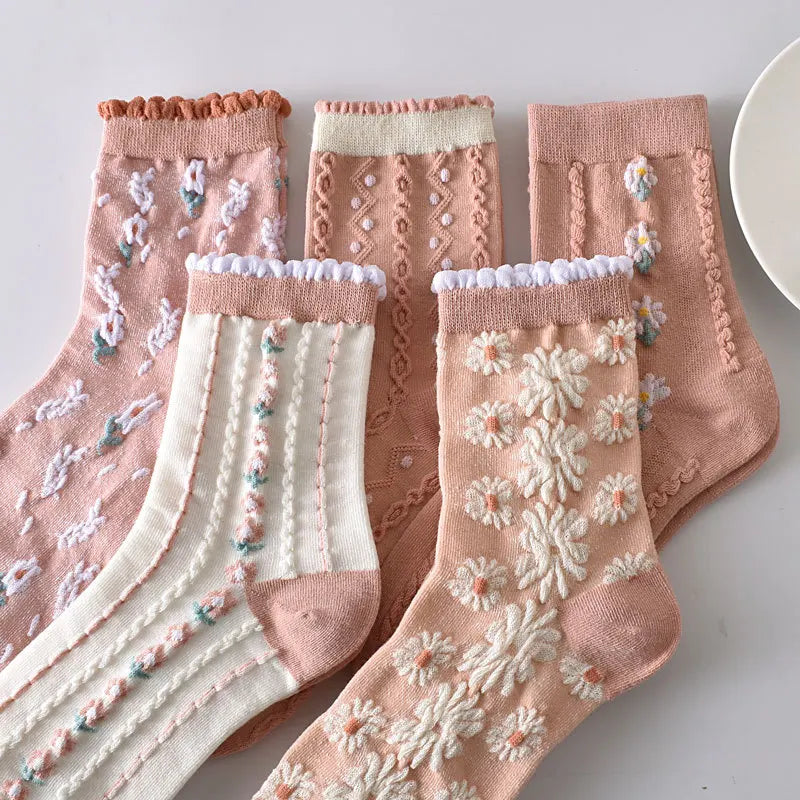 5-Pair Embroidered Flower Socks Set - Harajuku Retro Style
