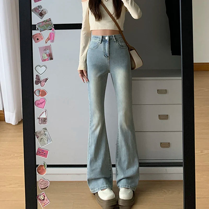 Gray Flare Stretch Jeans - High-Waist Bell-Bottom Fit