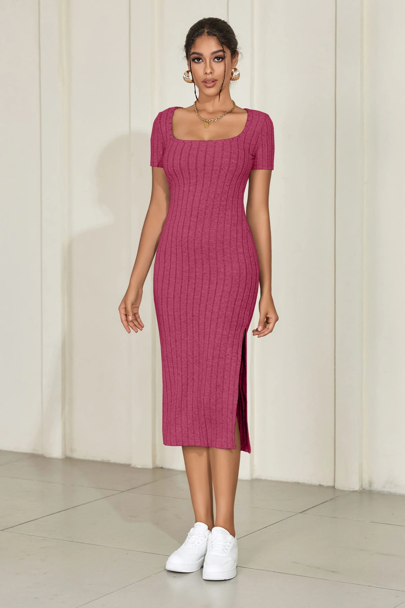 Square-Neck Knitted Slit Dress - Short-Sleeve Mid-Calf Fit