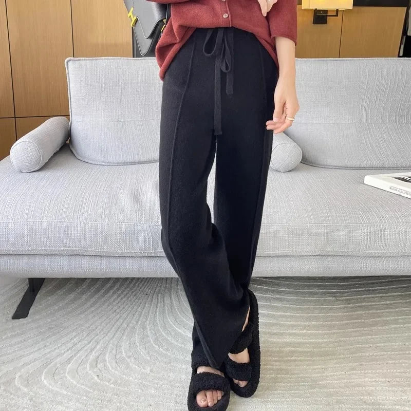 Knitted Wide Leg Pants - High Waist Relaxed Fit