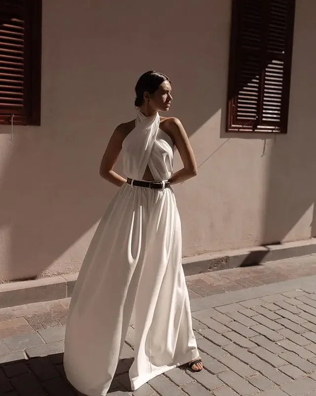 Halter Backless Wide-Leg Jumpsuit - Sleek High-Waist Fit