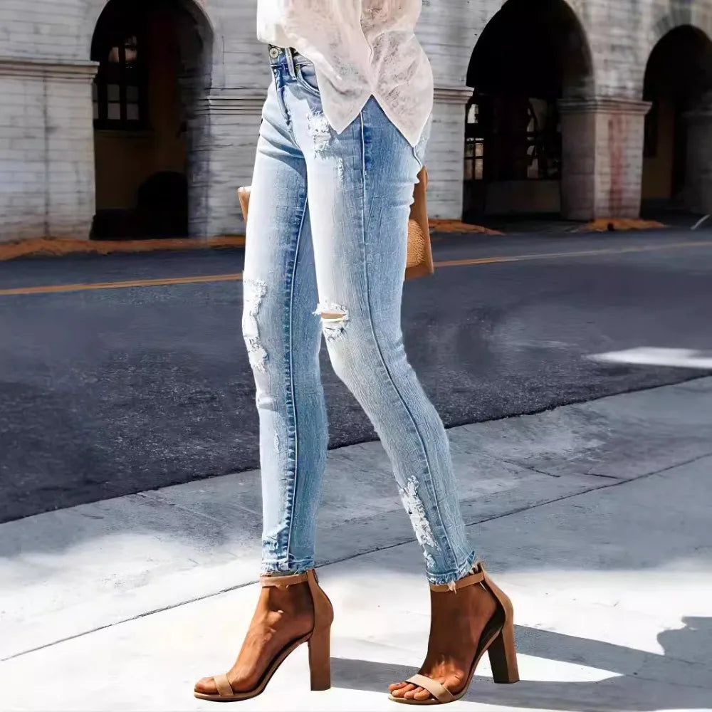 Distressed Straight Jeans - Stretch Washed Ankle Fit