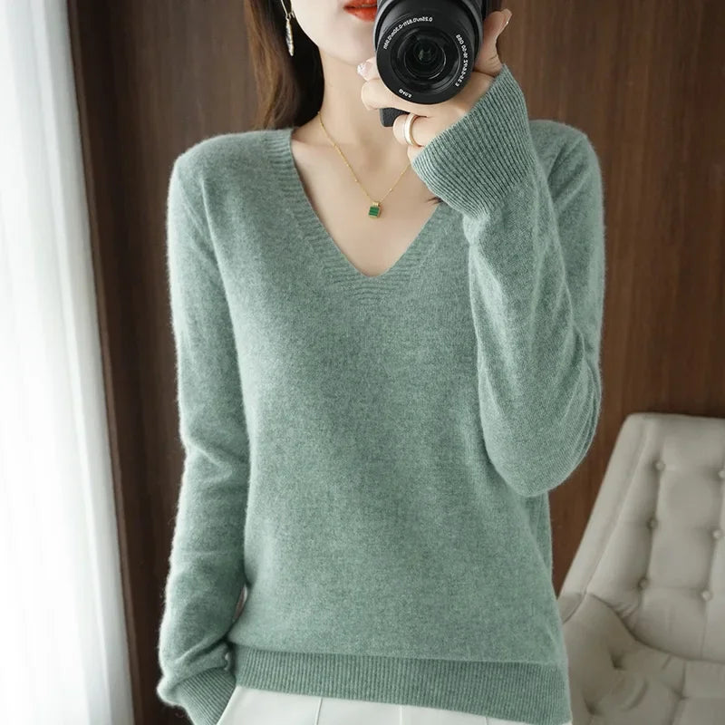 V-Neck Solid Knit Sweater - Warm Casual Pullover
