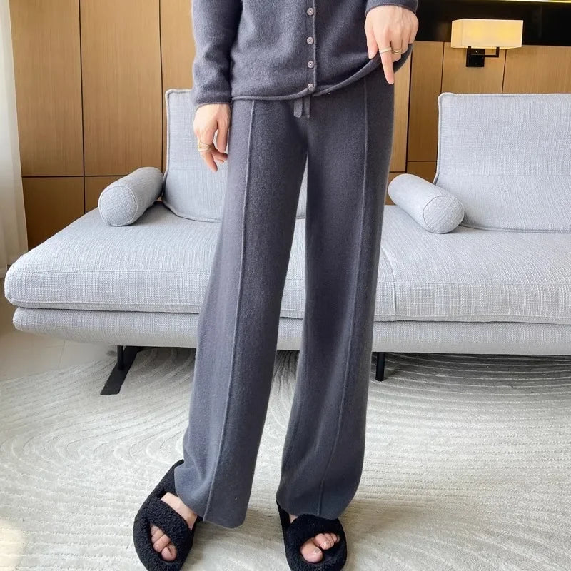 Knitted Wide Leg Pants - High Waist Relaxed Fit