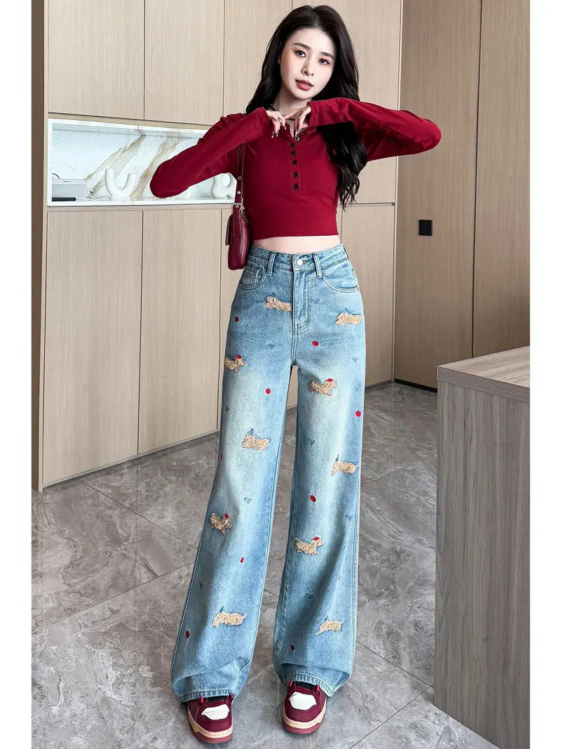 Embroidered Dog Straight-Leg Jeans - Korean Casual Denim