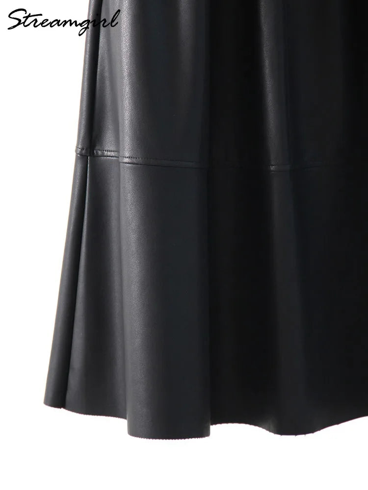 Leather A-Line Midi Skirt - Elastic Waist With Pockets
