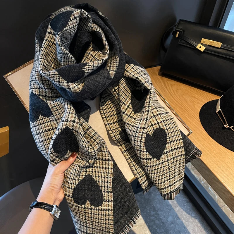 Double-Sided Heart Plaid Scarf - Thick Warm Wrap