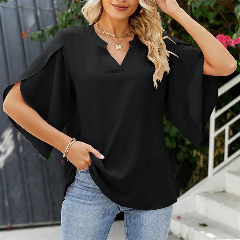 Chiffon V-Neck Blouse - Flare Sleeve Loose Summer Top