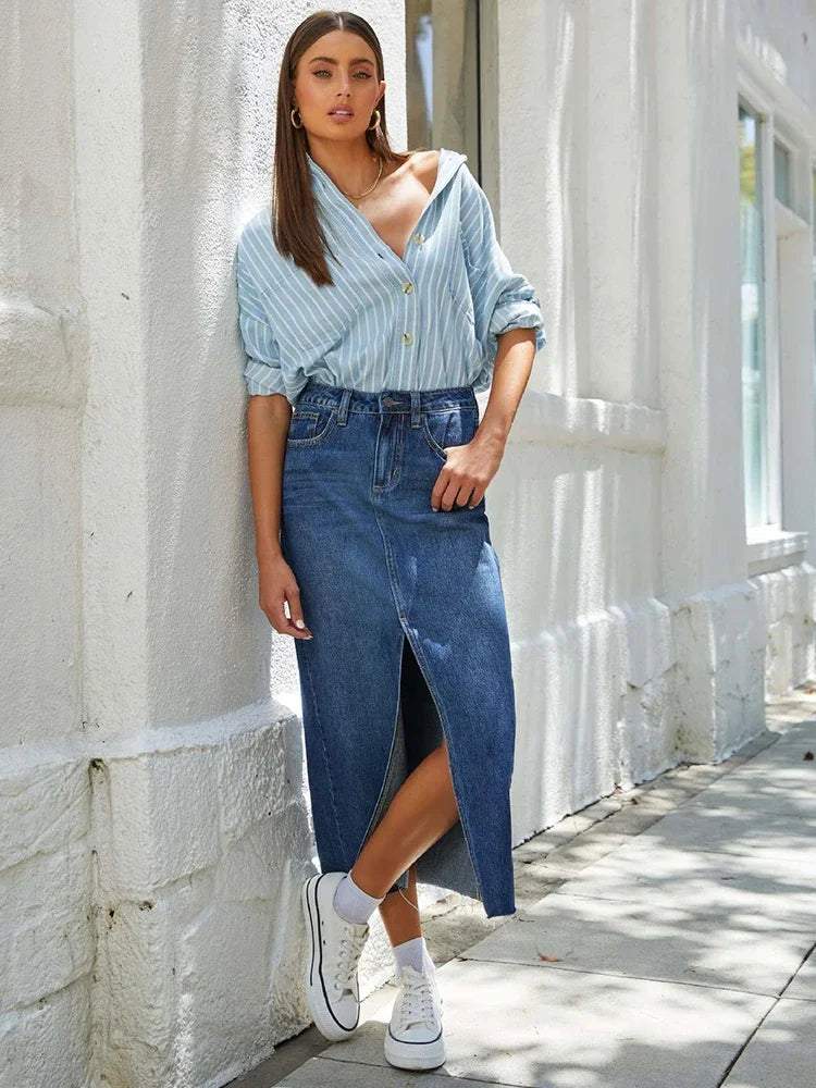 Washed Denim Split Midi Skirt - Vintage A-Line Cut