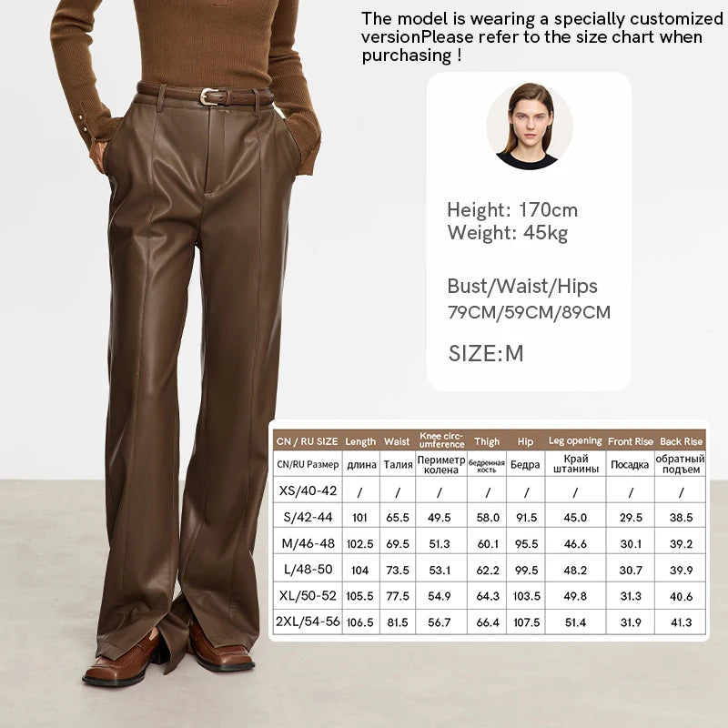 PU Leather Straight Pants - Floor Length Slit Design