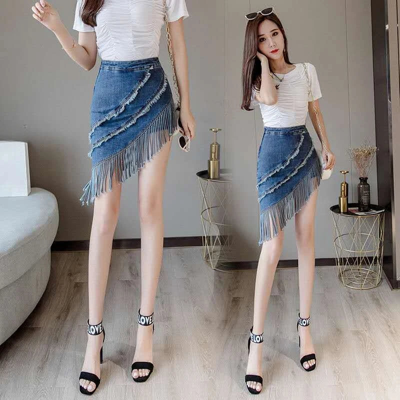 High Waist Fringe Denim Skirt - Coquette Streetwear