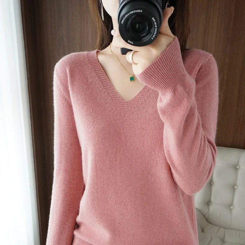 V-Neck Solid Knit Sweater - Warm Casual Pullover