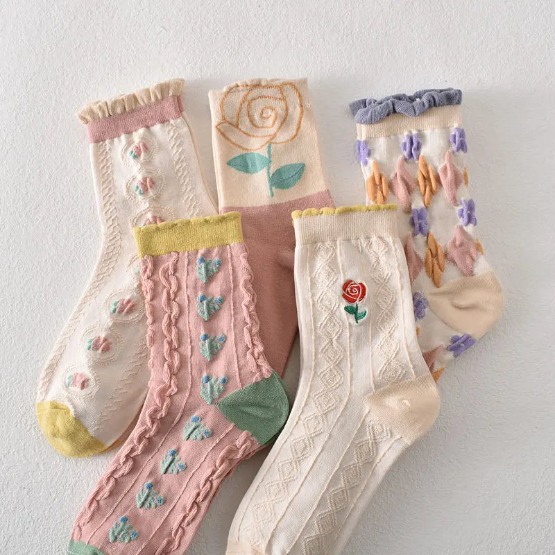 5-Pair Embroidered Flower Socks Set - Harajuku Retro Style