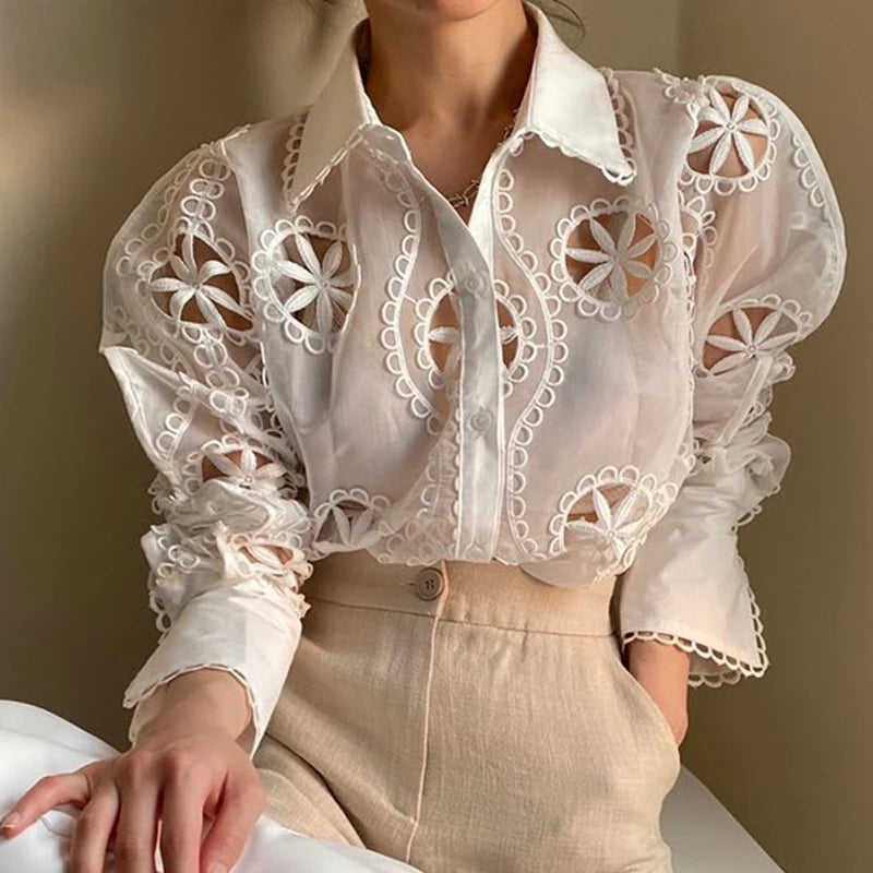 Floral Embroidery Hollow Blouse - Long Sleeve Vintage Shirt