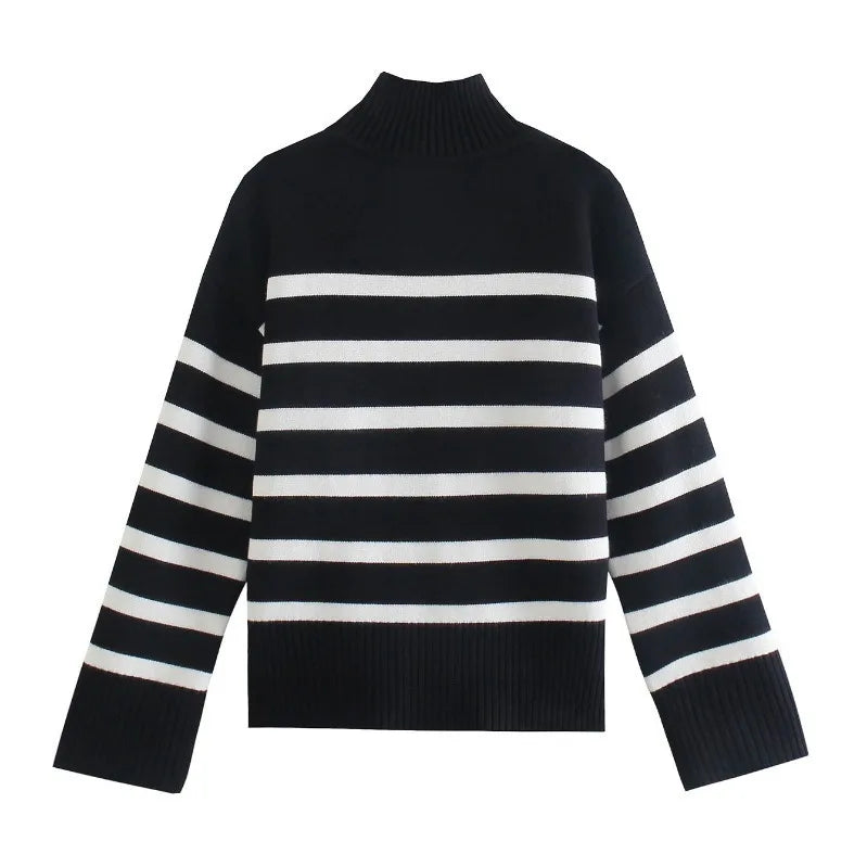 Striped Turtleneck Sweater - Long Sleeve Loose Knit Jumper