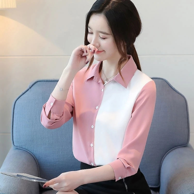 Solid Button-Front Blouse - Turn-Down Collar Loose Shirt