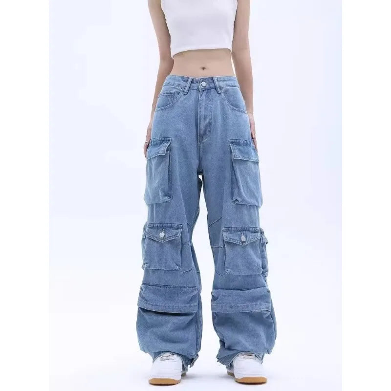 Washed Multi-Pocket Cargo Jeans - High-Waist Wide-Leg Fit