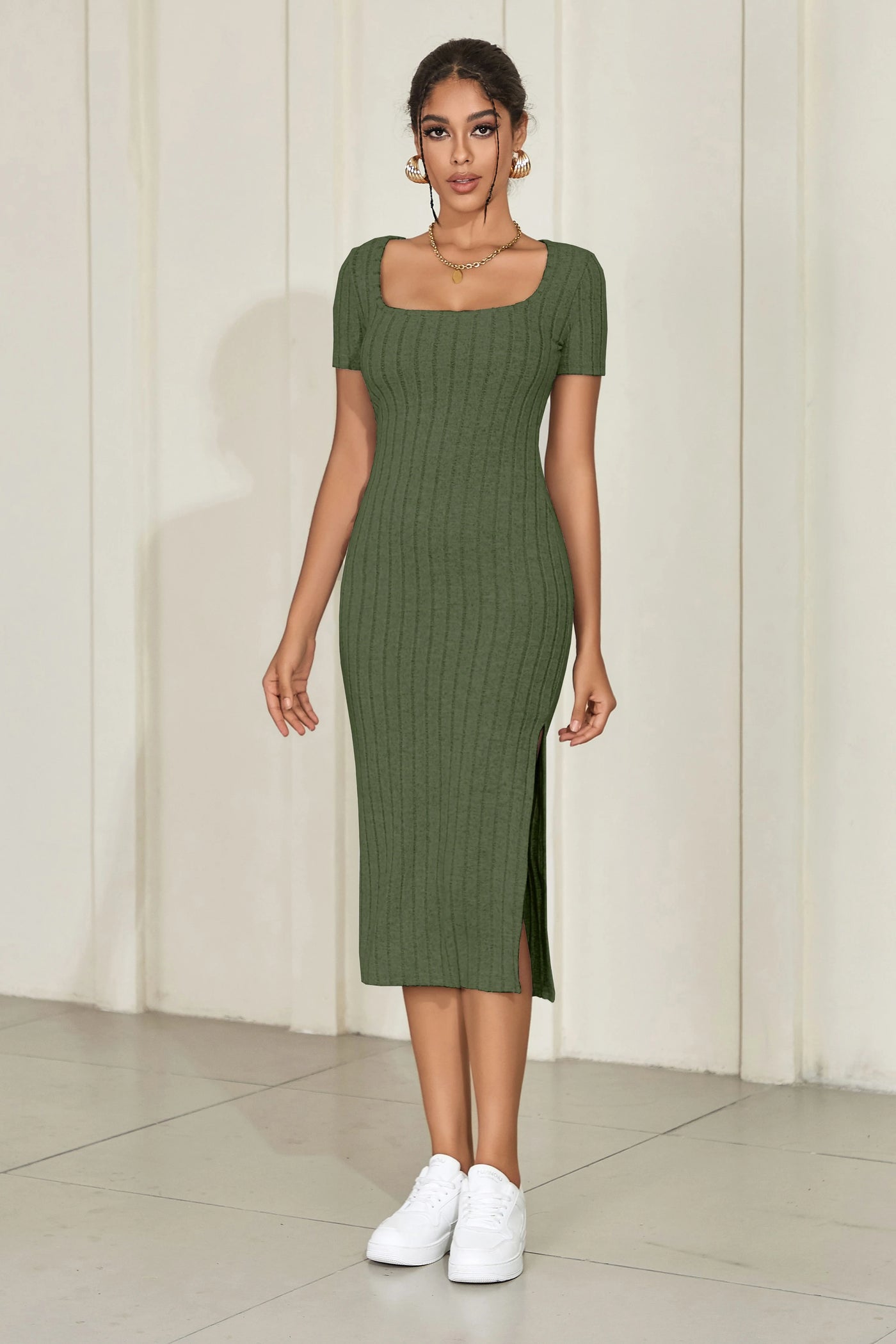 Square-Neck Knitted Slit Dress - Short-Sleeve Mid-Calf Fit
