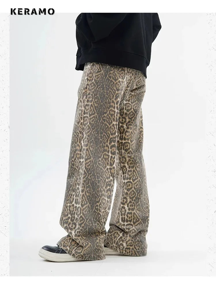 Leopard Print Wide-Leg Jeans - Vintage High-Waist Denim