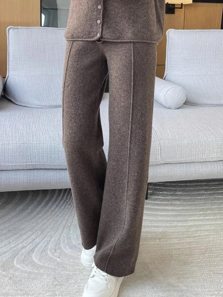 Knitted Wide Leg Pants - High Waist Relaxed Fit