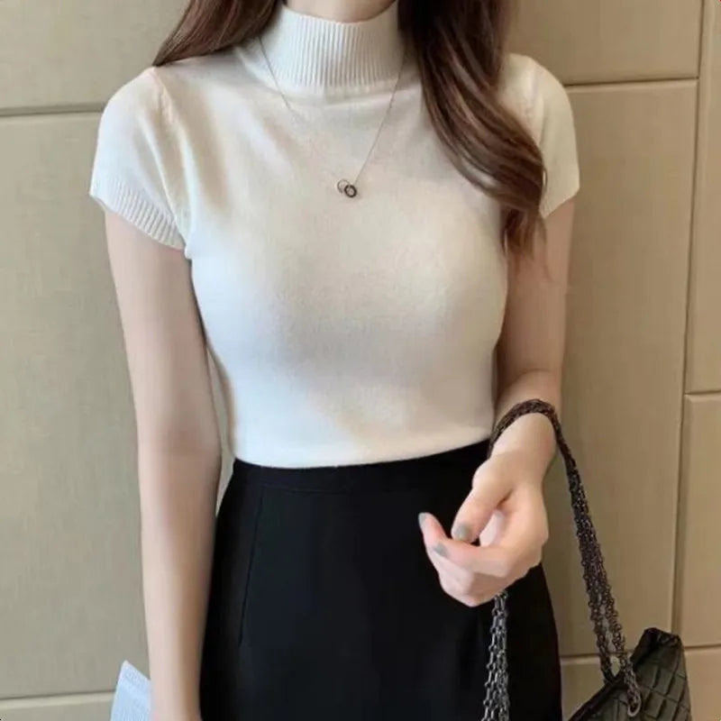 Half-High Neck Knit Tee - Korean Style One-Size Top