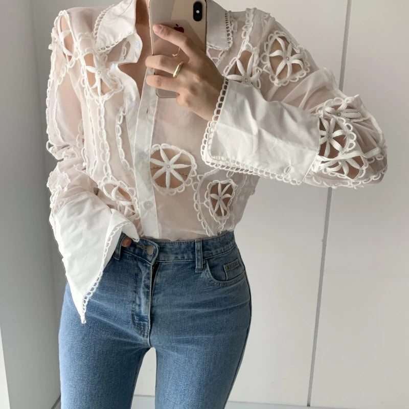 Floral Embroidery Hollow Blouse - Long Sleeve Vintage Shirt