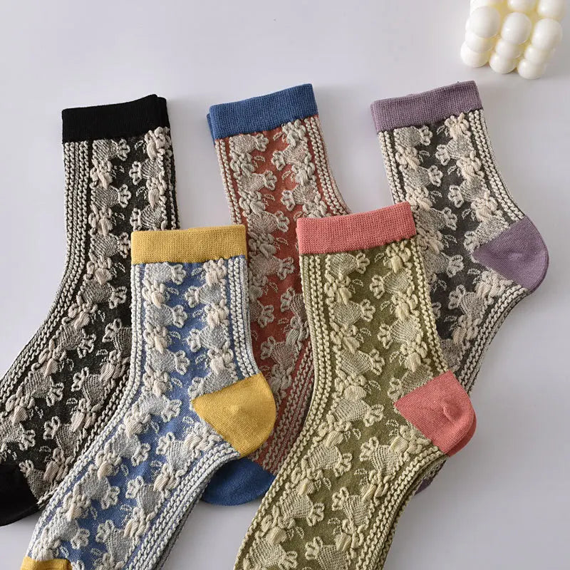 5-Pair Embroidered Flower Socks Set - Harajuku Retro Style