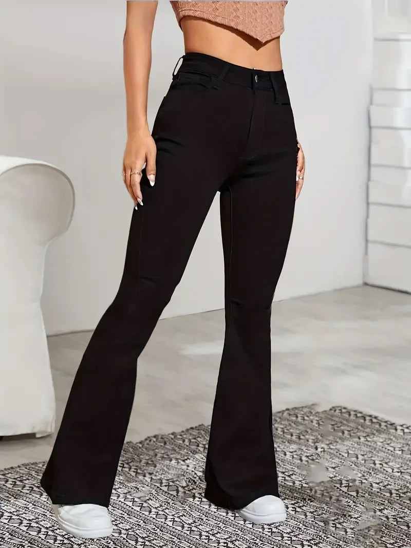 Gray Flare Stretch Jeans - High-Waist Bell-Bottom Fit