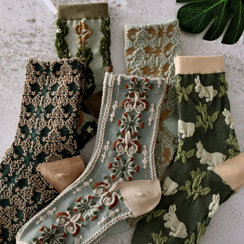 5-Pair Embroidered Flower Socks Set - Harajuku Retro Style