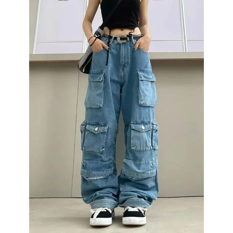 Washed Multi-Pocket Cargo Jeans - High-Waist Wide-Leg Fit