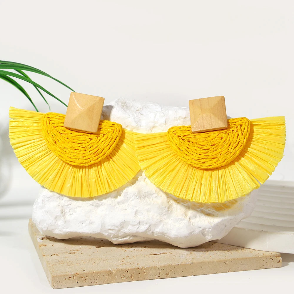 Raffia Fan Drop Earrings - Handmade Summer Statement