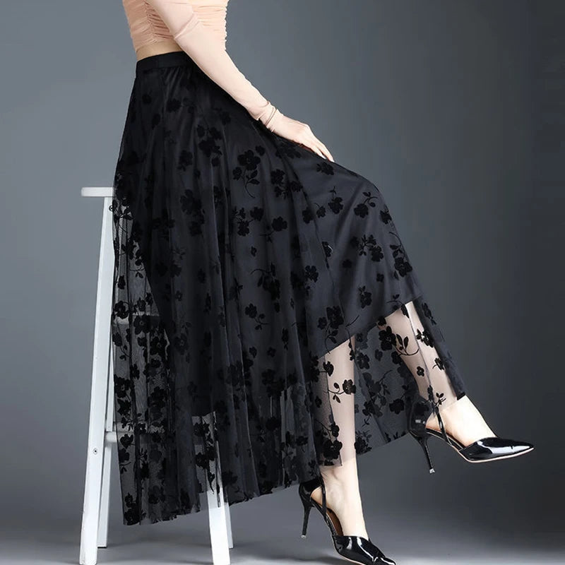 Floral Tulle Midi Skirt - Light Mesh Layered Style