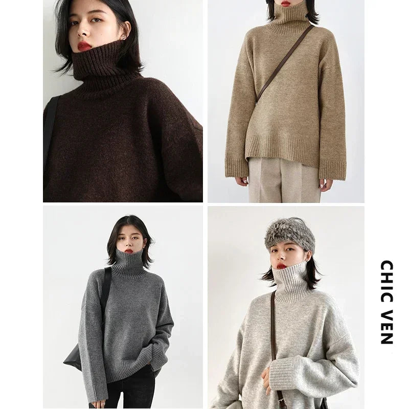 Korean Turtleneck Sweater - Warm Loose Knit Pullover