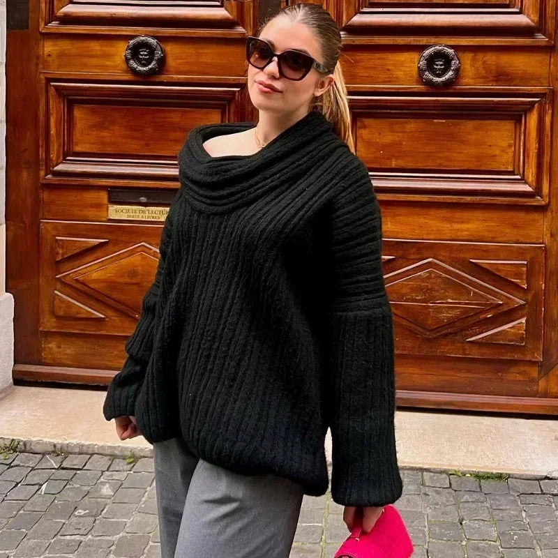 Off-Shoulder Retro Sweater - Loose Brown Knit Pullover