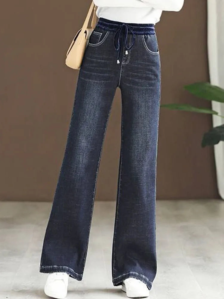 Elastic High-Waist Wide-Leg Jeans - Korean Oversized Denim