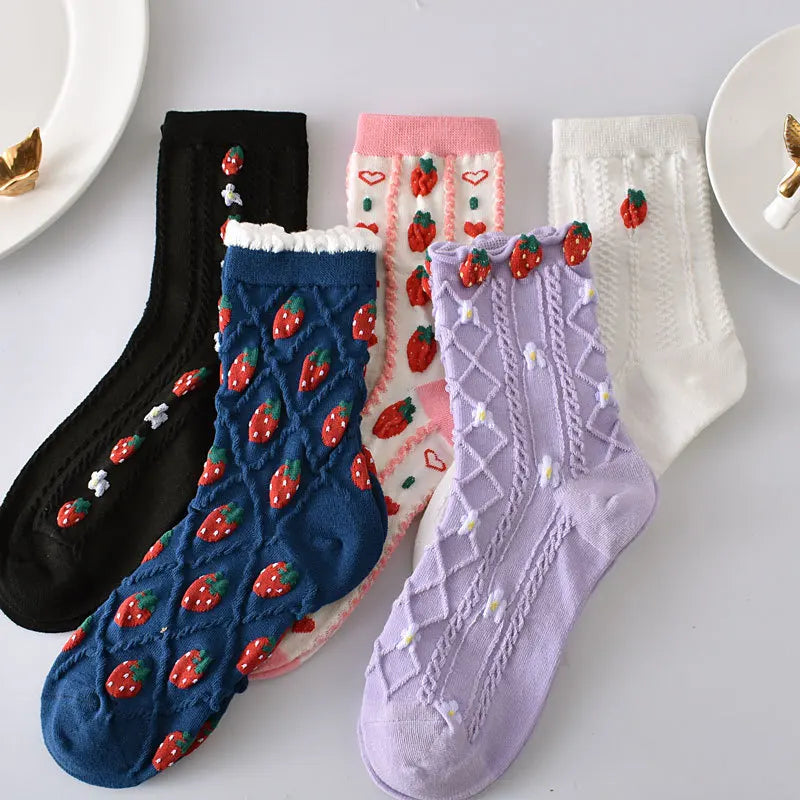 5-Pair Embroidered Flower Socks Set - Harajuku Retro Style
