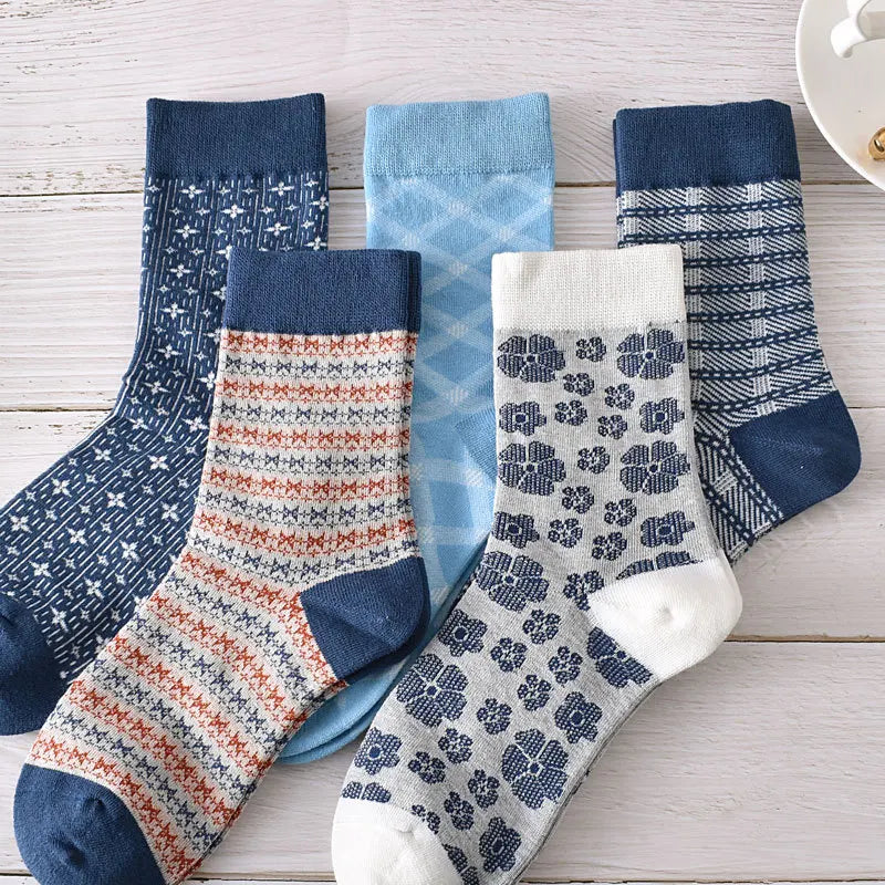 5-Pair Embroidered Flower Socks Set - Harajuku Retro Style