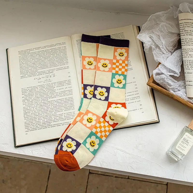 Diamond Flower Pattern Socks - Colorful Long Pair