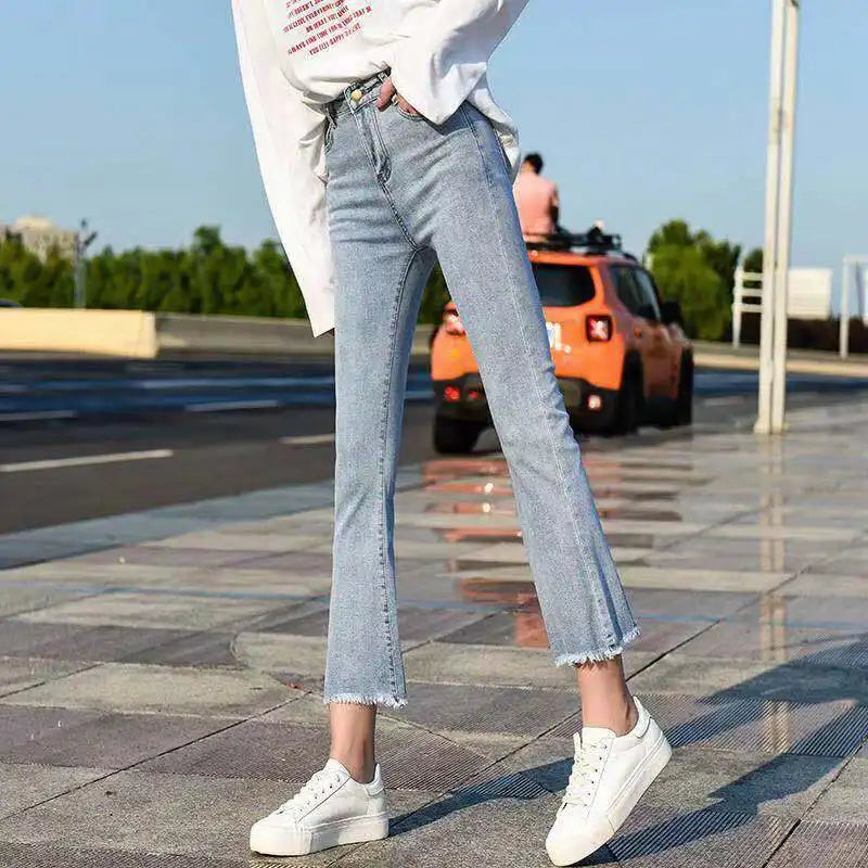 High-Waist Slim Flare Jeans - Stretch Ankle-Length Denim