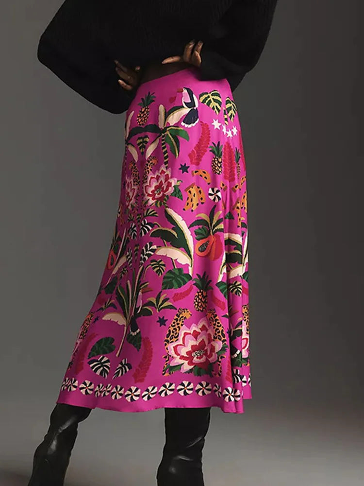 Botanical Print A-Line Skirt - Zipper Waist Design
