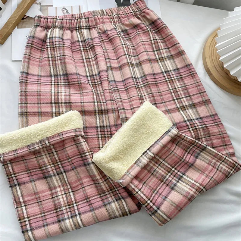 Fleece Lined Plaid Trousers - Straight Winter Fit