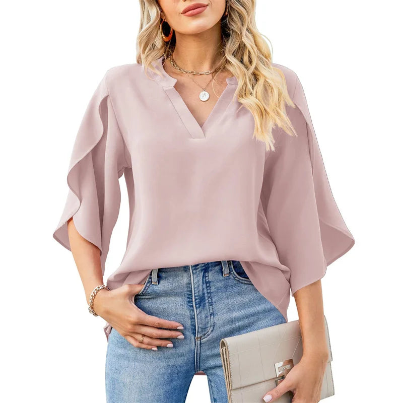 Chiffon V-Neck Blouse - Flare Sleeve Loose Summer Top