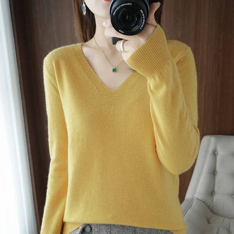 V-Neck Solid Knit Sweater - Warm Casual Pullover