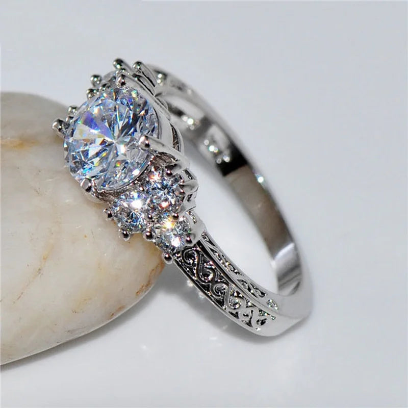 Silver Tone Zircon Engagement Ring - Bridal Anniversary Style