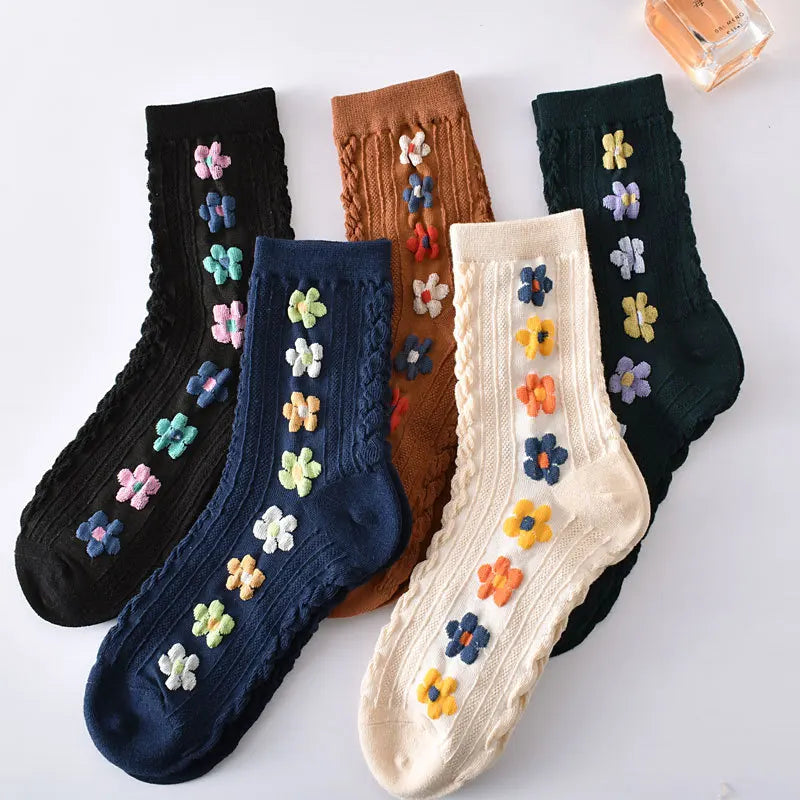 5-Pair Embroidered Flower Socks Set - Harajuku Retro Style