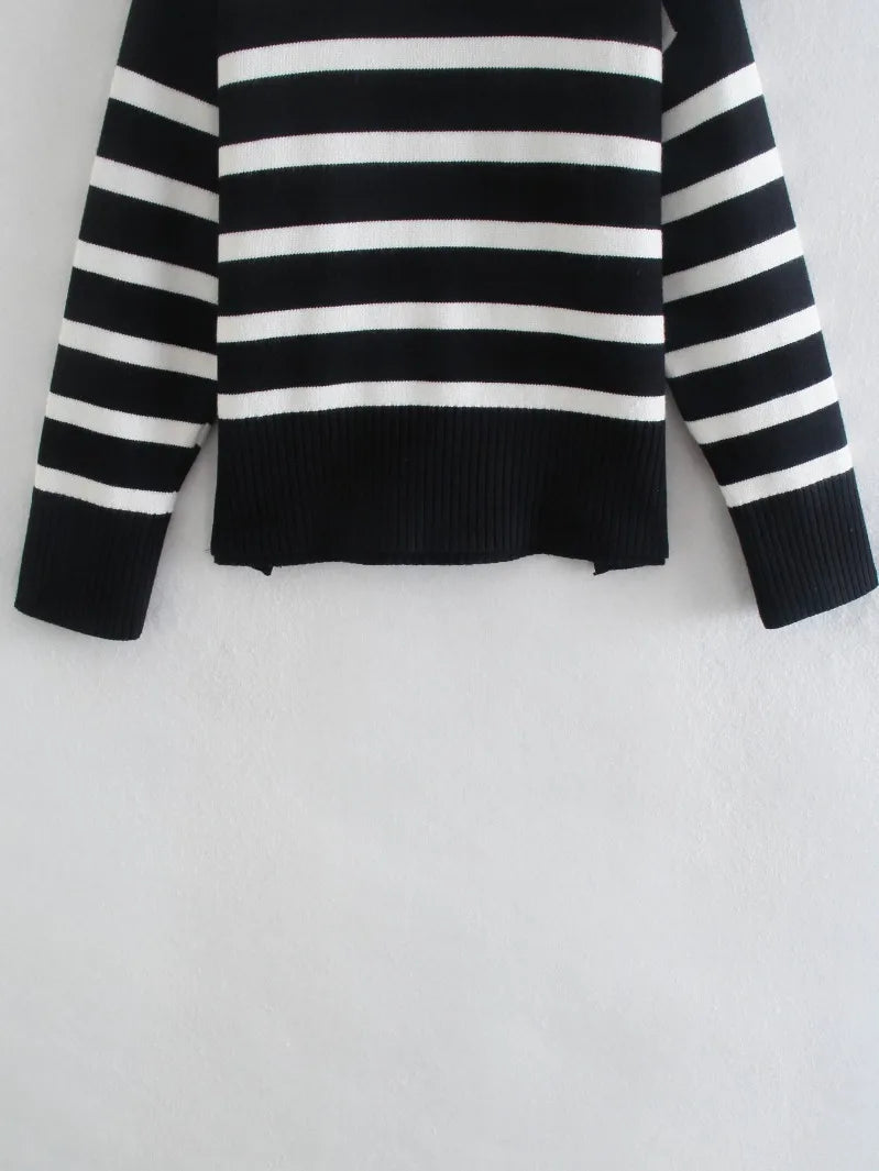 Striped Turtleneck Sweater - Long Sleeve Loose Knit Jumper