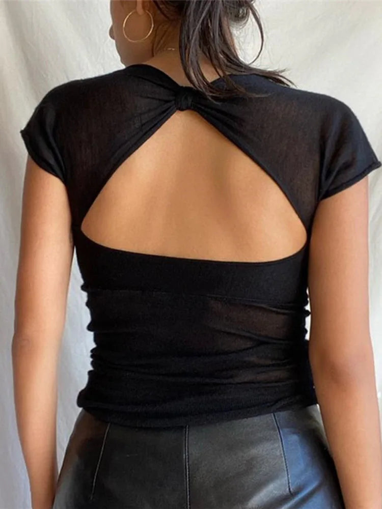 Square Collar Backless Crop Top - Short Sleeve Streetwear Tee
