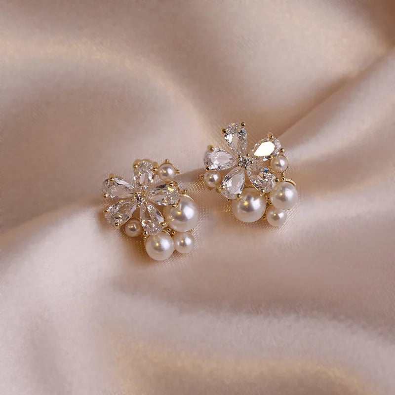 Rhinestone Flower Stud Earrings - Pearl Detail Party Style