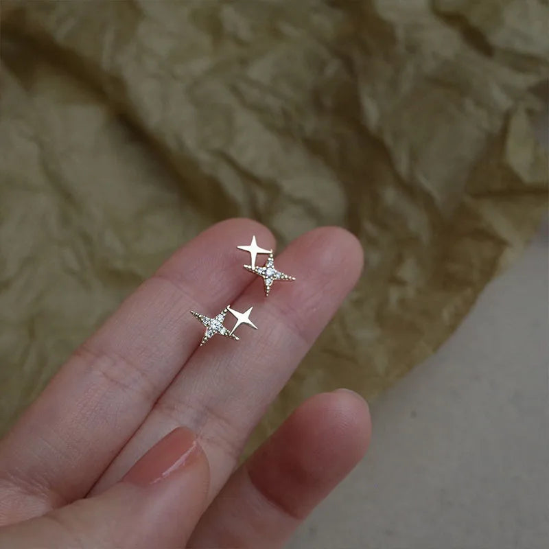 Gold-Plated Zircon Stud Earrings - Shiny Minimal Sparkle